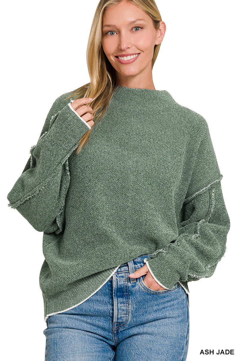 Oversized mock neck raw seam chenille sweater