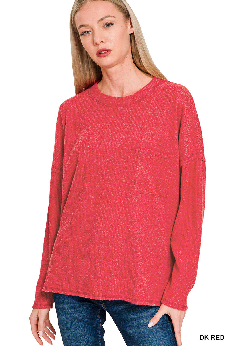RIBBED BRUSHED SWEATER WITH A POCKET