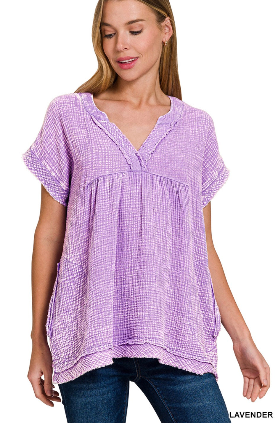 Washed double gauze raw edge short sleeve shirt