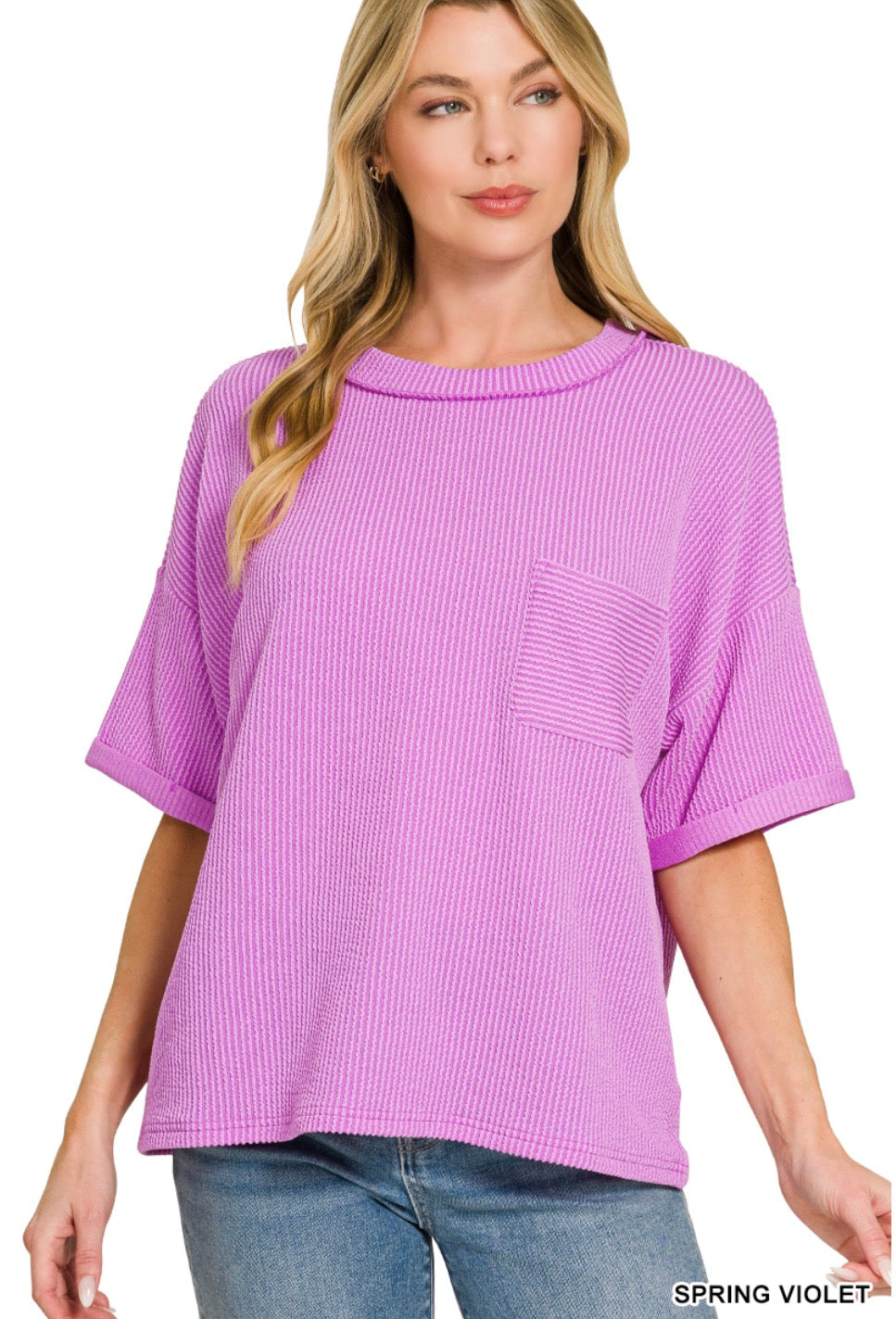Raised rib short sleeve front pocket top
