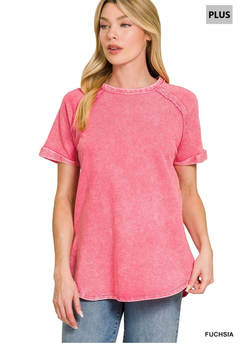 Plus french terry washed curved hem top