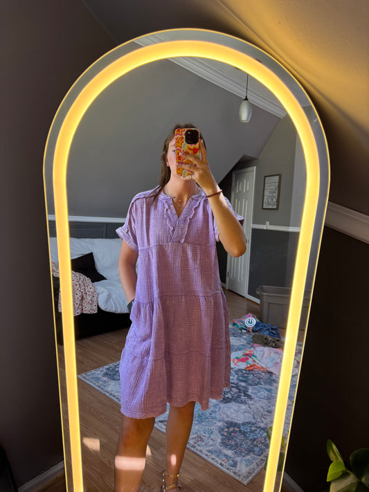 Washed double gauze raw edge v-neck dress
