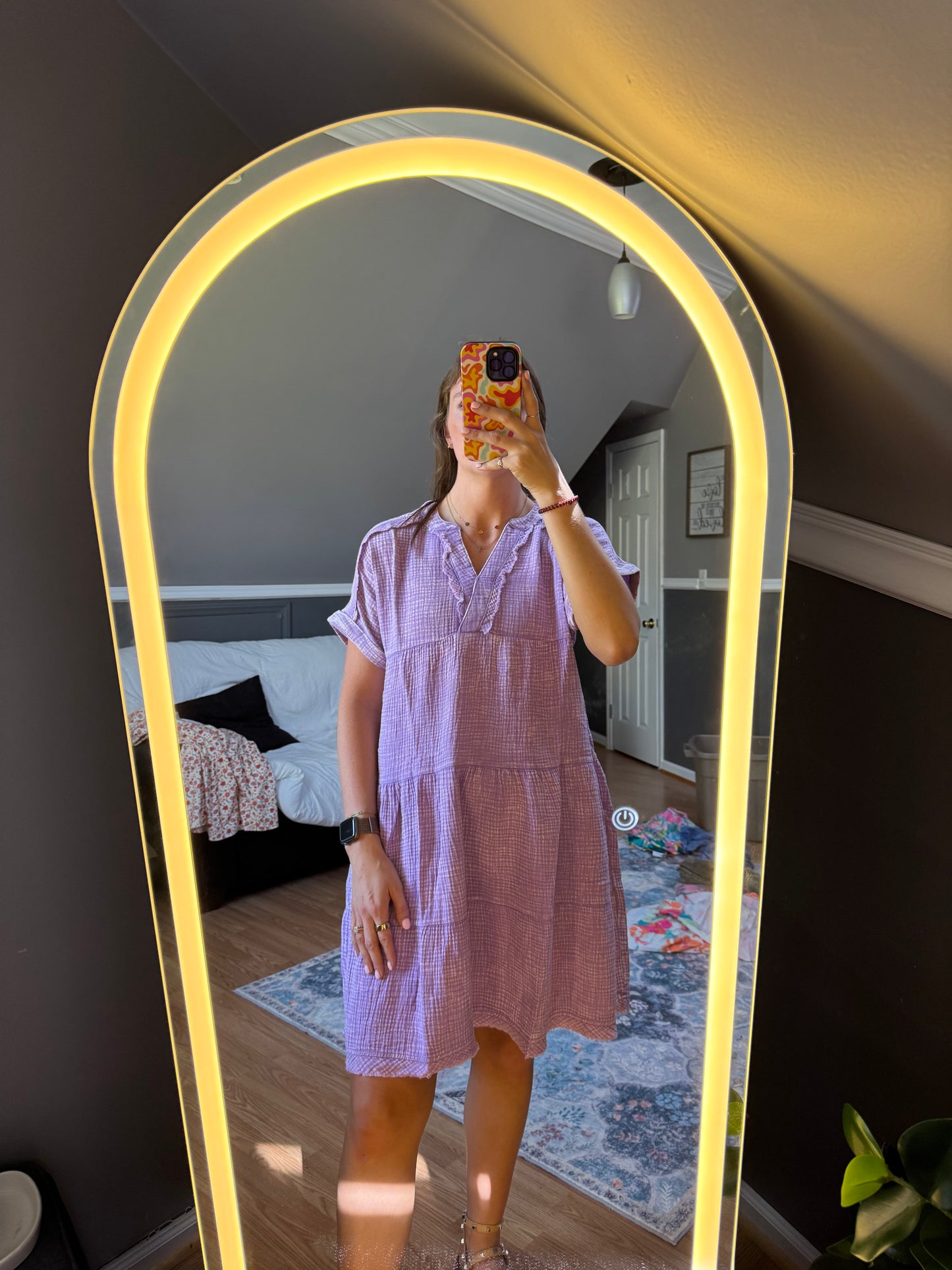 Washed double gauze raw edge v-neck dress