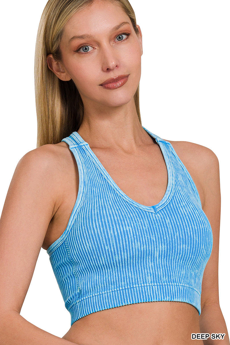 V neck washed rib seamless crop bra padded tank top