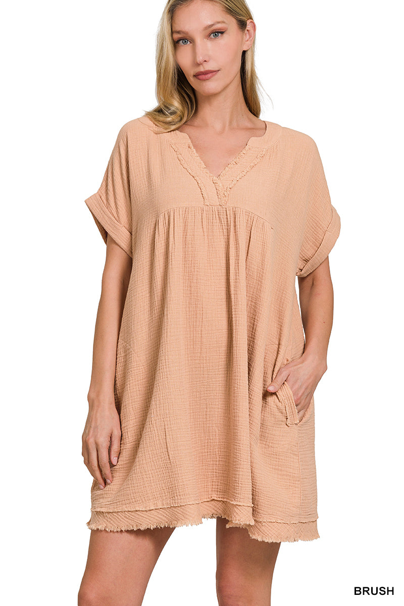 DOUBLE GAUZE RAW EDGE V-NECK DRESS