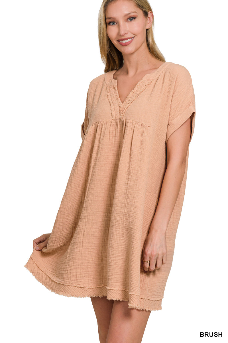 DOUBLE GAUZE RAW EDGE V-NECK DRESS