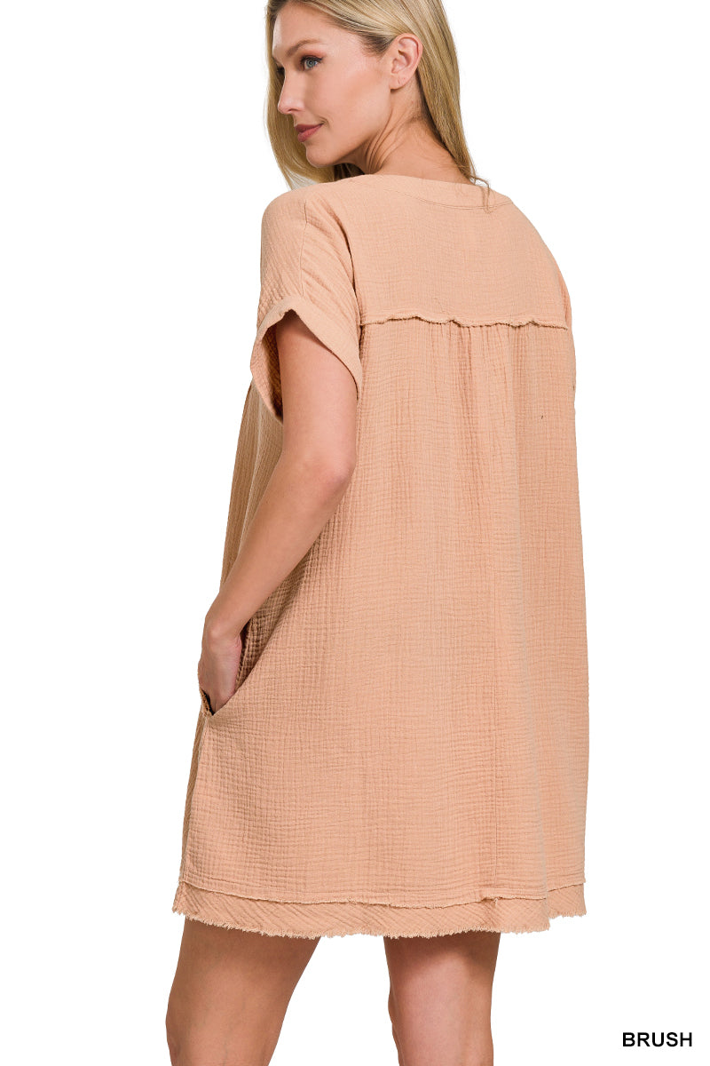 DOUBLE GAUZE RAW EDGE V-NECK DRESS