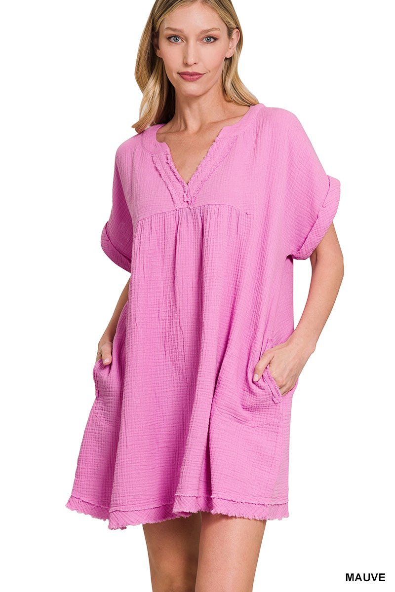 DOUBLE GAUZE RAW EDGE V-NECK DRESS