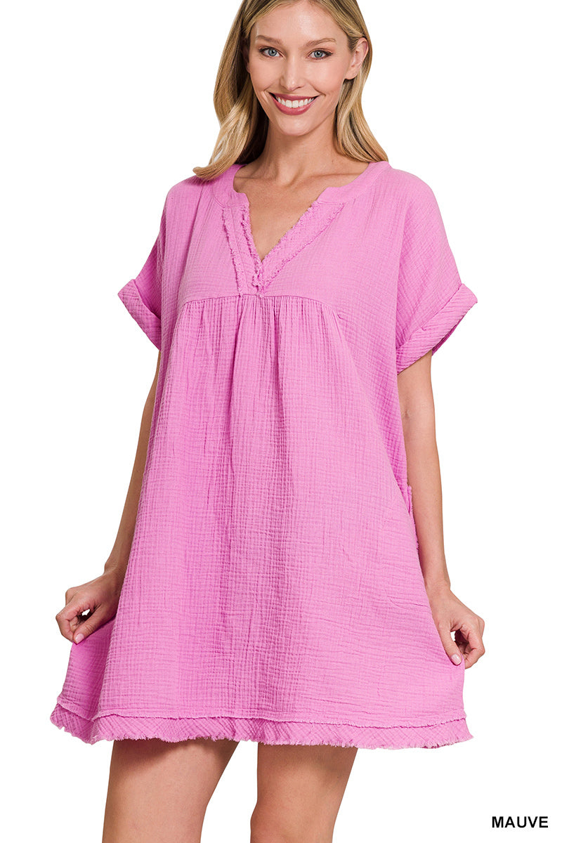 DOUBLE GAUZE RAW EDGE V-NECK DRESS