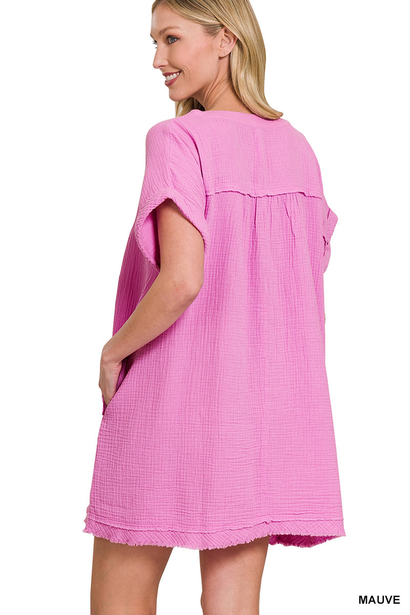 DOUBLE GAUZE RAW EDGE V-NECK DRESS