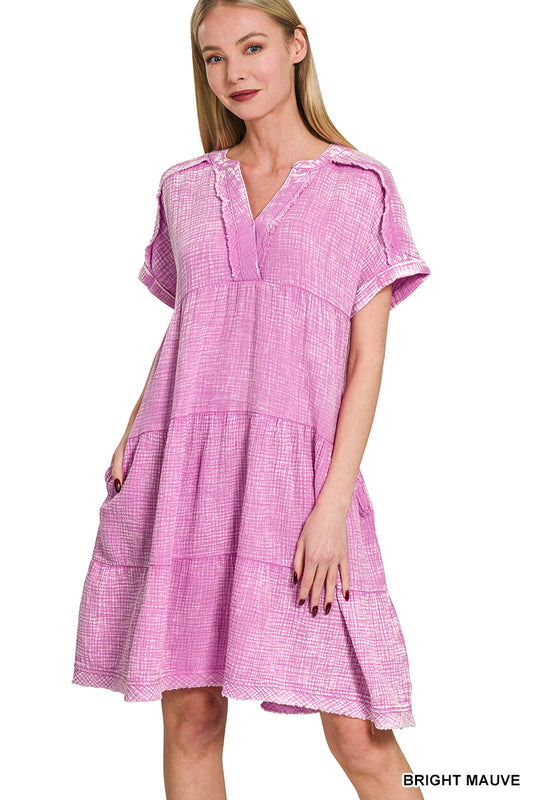 Bright Mauve Raw Edge V Neck Dress