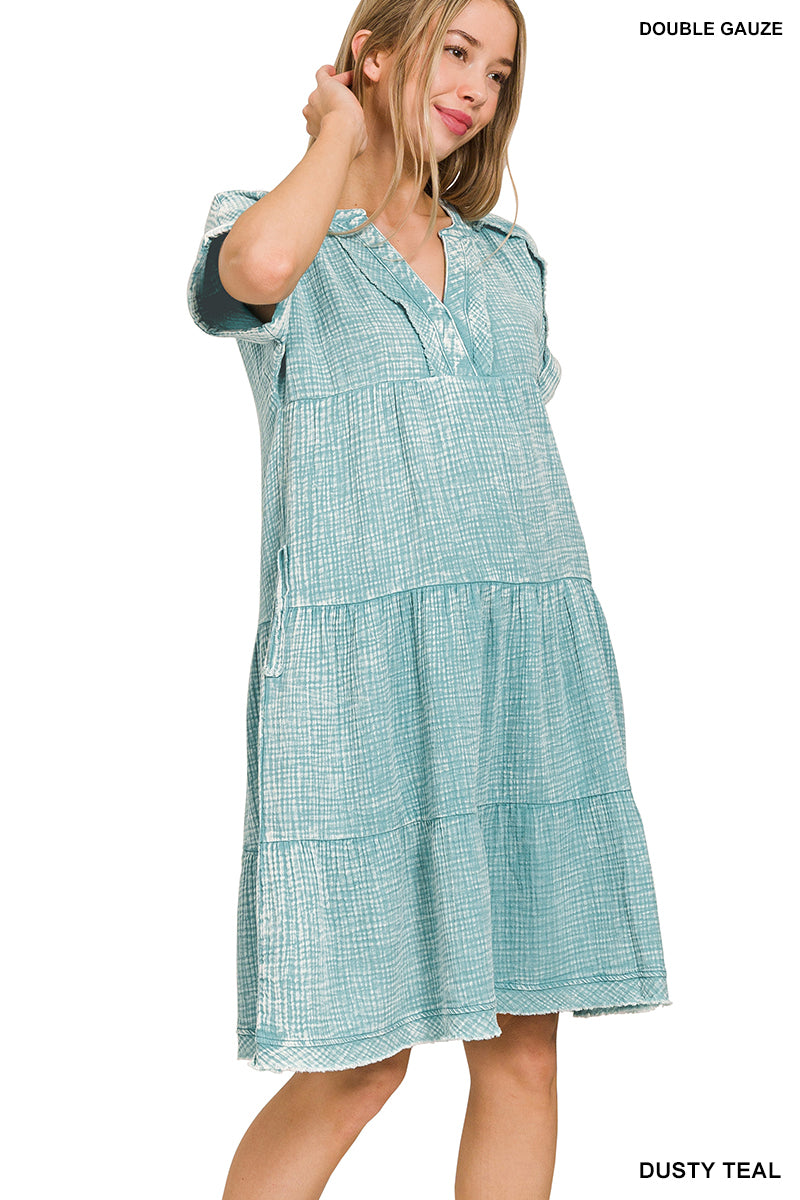 Washed double gauze raw edge v-neck dress