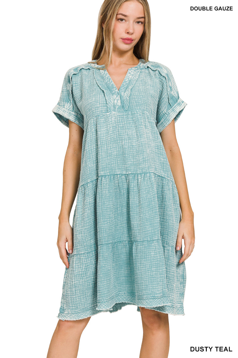 Washed double gauze raw edge v-neck dress