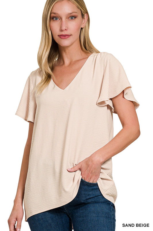 Woven airflow flutter sleeve top