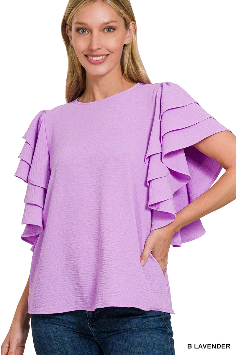 Woven airflow multi-tiered ruffle sleeve top
