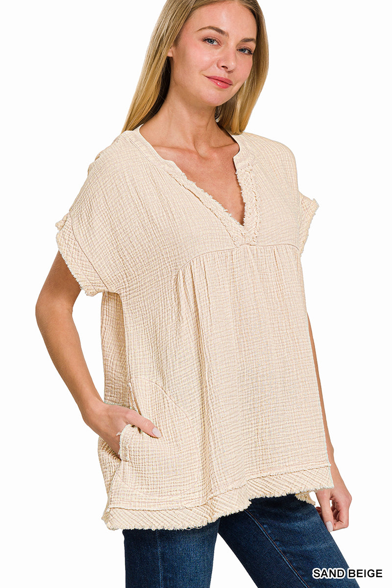 Washed double gauze raw edge short sleeve shirt