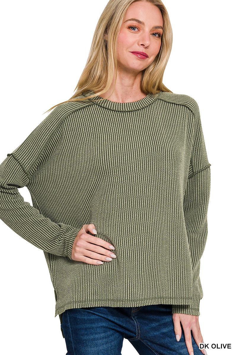 Raised rib raw edge boat neck long sleeve top