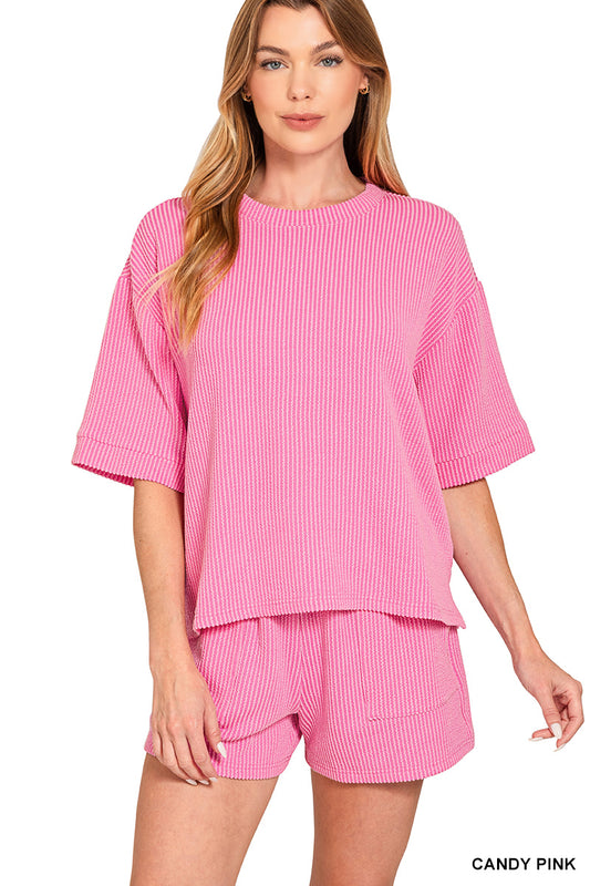 Raised rib short sleeve tee & short pants set