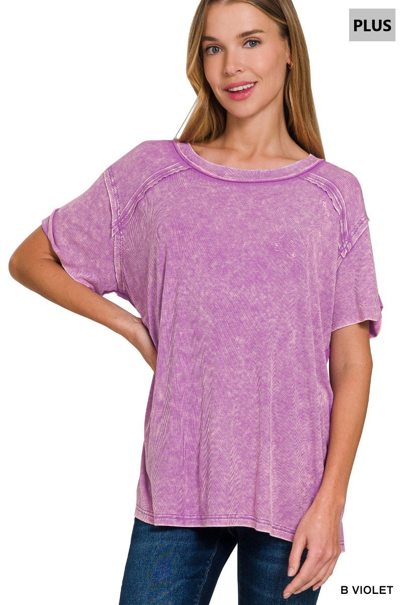 Plus washed ribbed short sleeve top