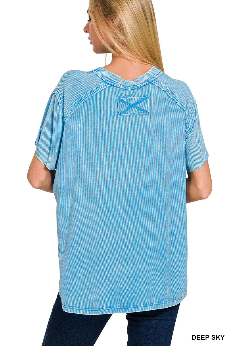 Washed ribbed short sleeve boat-neck top