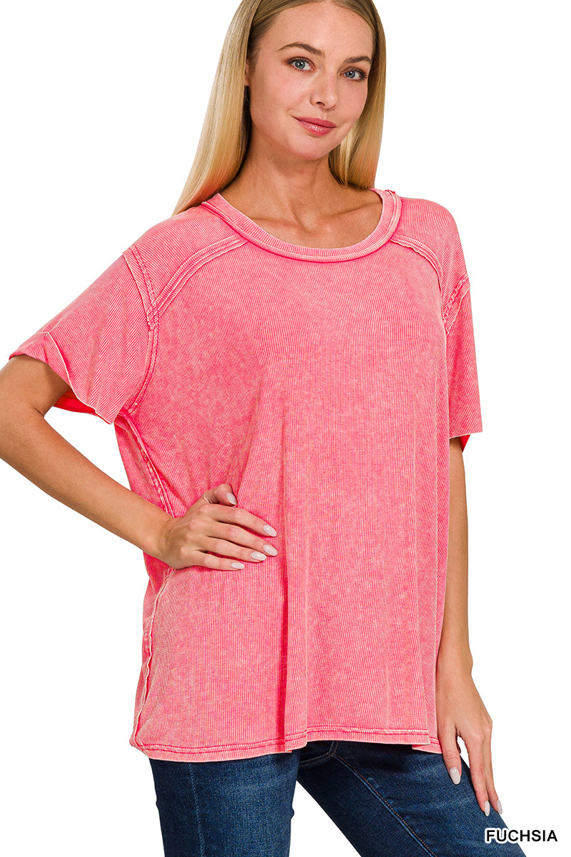 WASHED RIBBED SHORT SLEEVE BOAT-NECK TOP