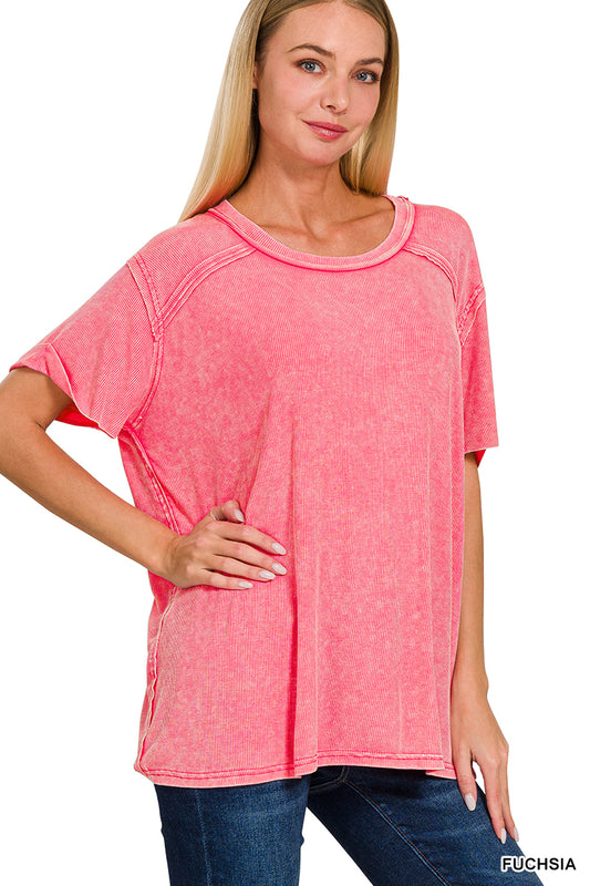 WASHED RIBBED SHORT SLEEVE BOAT-NECK TOP