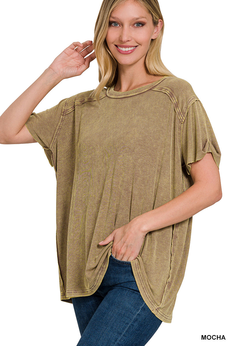Washed ribbed short sleeve boat-neck top