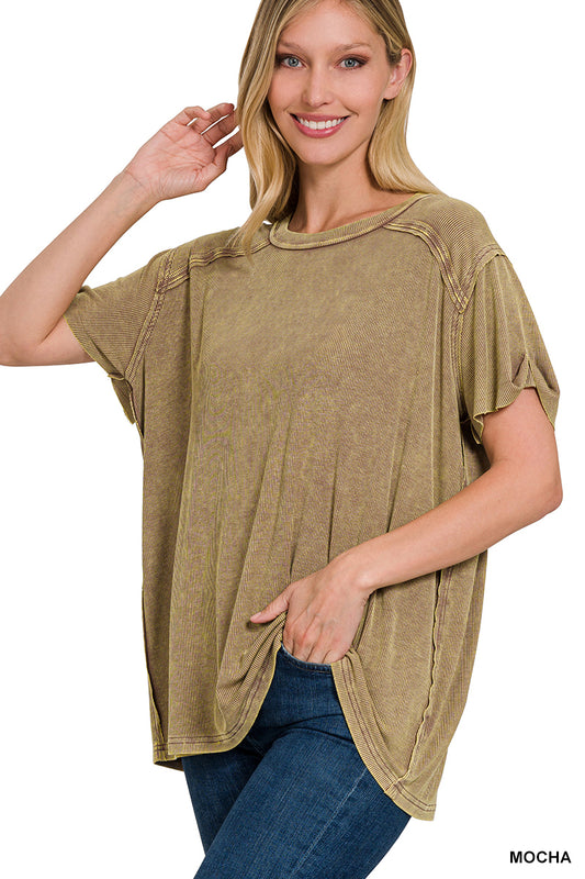 Washed ribbed short sleeve boat-neck top