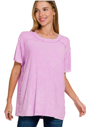 Washed ribbed short sleeve boat-neck top