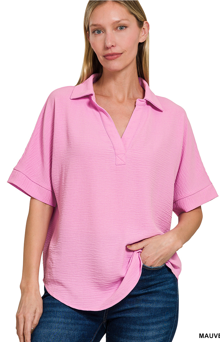 Collared v-neck short sleeve top