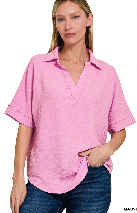 Collared v-neck short sleeve top