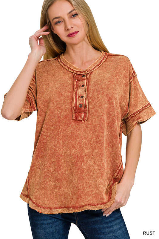 Raw edge detailed button closure scoop neck top