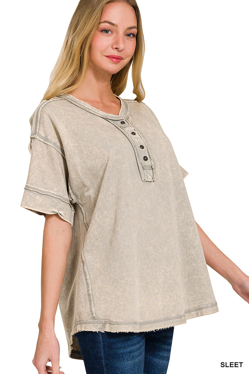 Raw edge detailed button closure scoop neck top