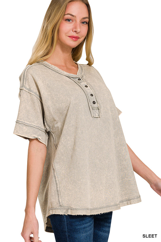 Raw edge detailed button closure scoop neck top