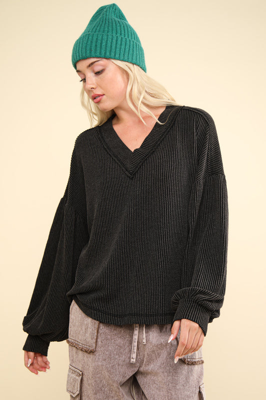 Ribbed V-Neck Oversized Knit Top