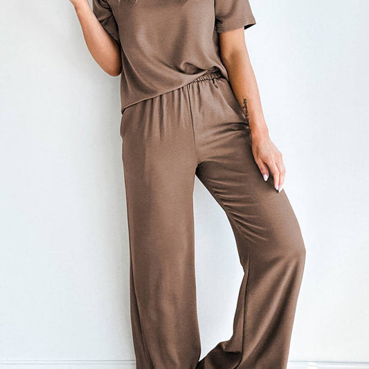 Smoke Gray Solid Color T Shirt 2pcs Wide Leg Pants Set