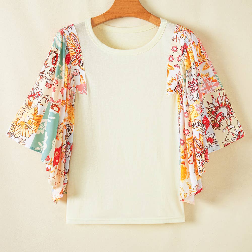 Floral Patchwork Half Batwing Sleeve Blouse