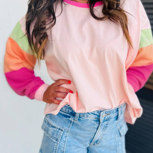 Pink Colorblock Patchwork Long Sleeve Loose Top