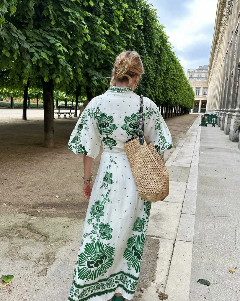 Green Vine Botanical Printed V-Neck Long Sleeve Shirtdress