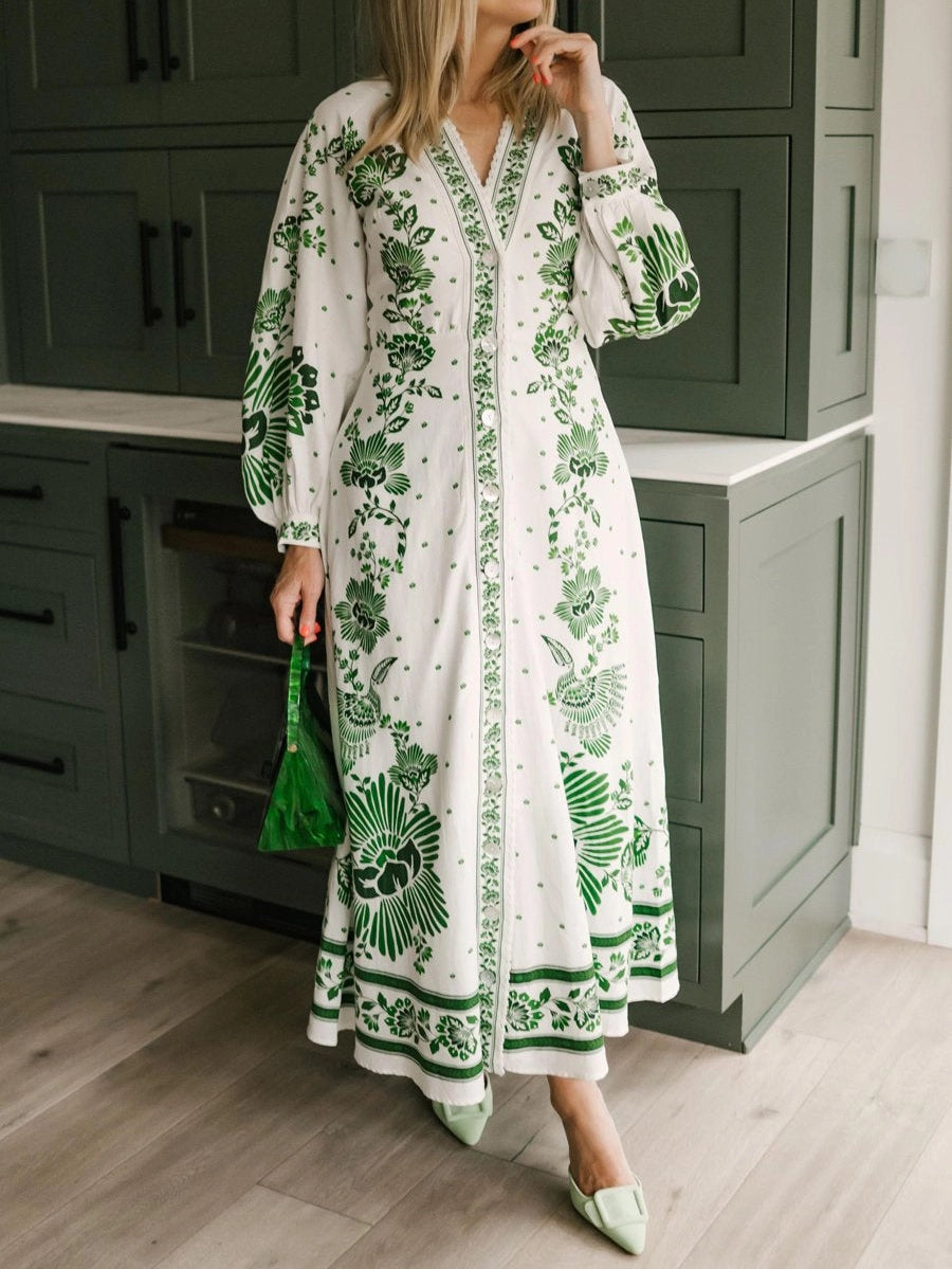 Green Vine Botanical Printed V-Neck Long Sleeve Shirtdress